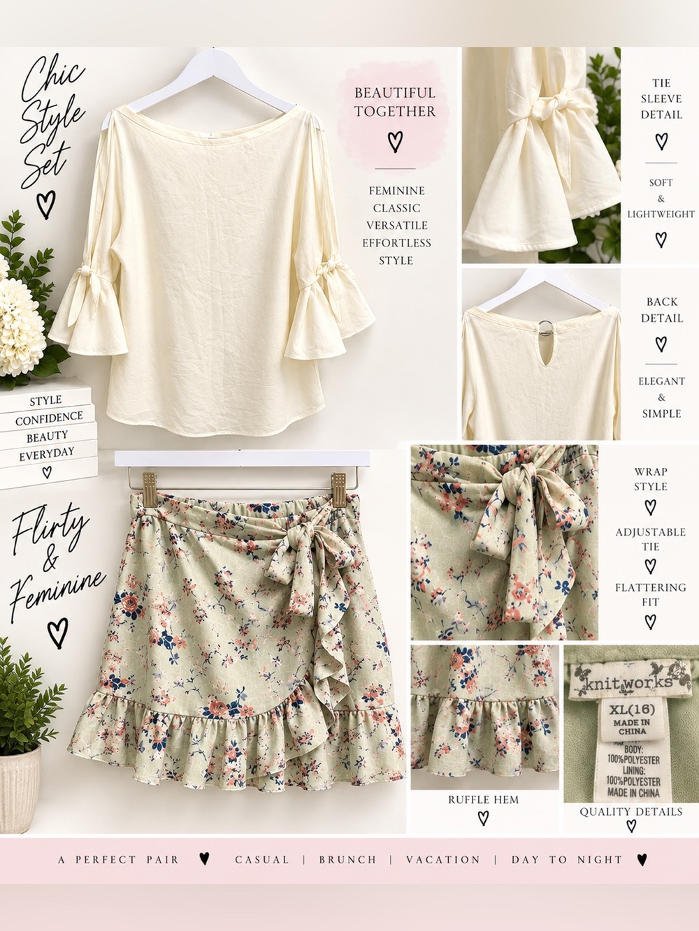 #30 NWOT Boutique Cream Blouse & Knit Works Floral Wrap Mini Skirt XL 16